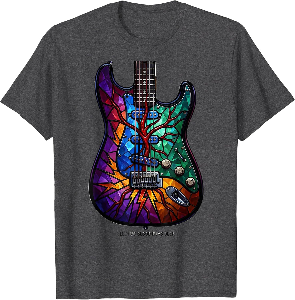 Electric Blood Runs Deep Rock Music Design T-Shirt - Dark Heather Grey