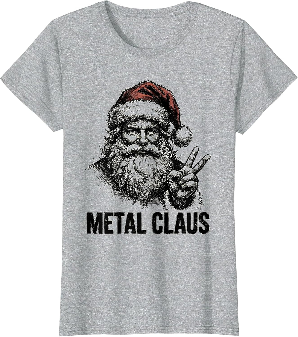 Women's Metal Claus Hand Sketched Heavy Metal Rock Santa Christmas T-Shirt - Heather Grey