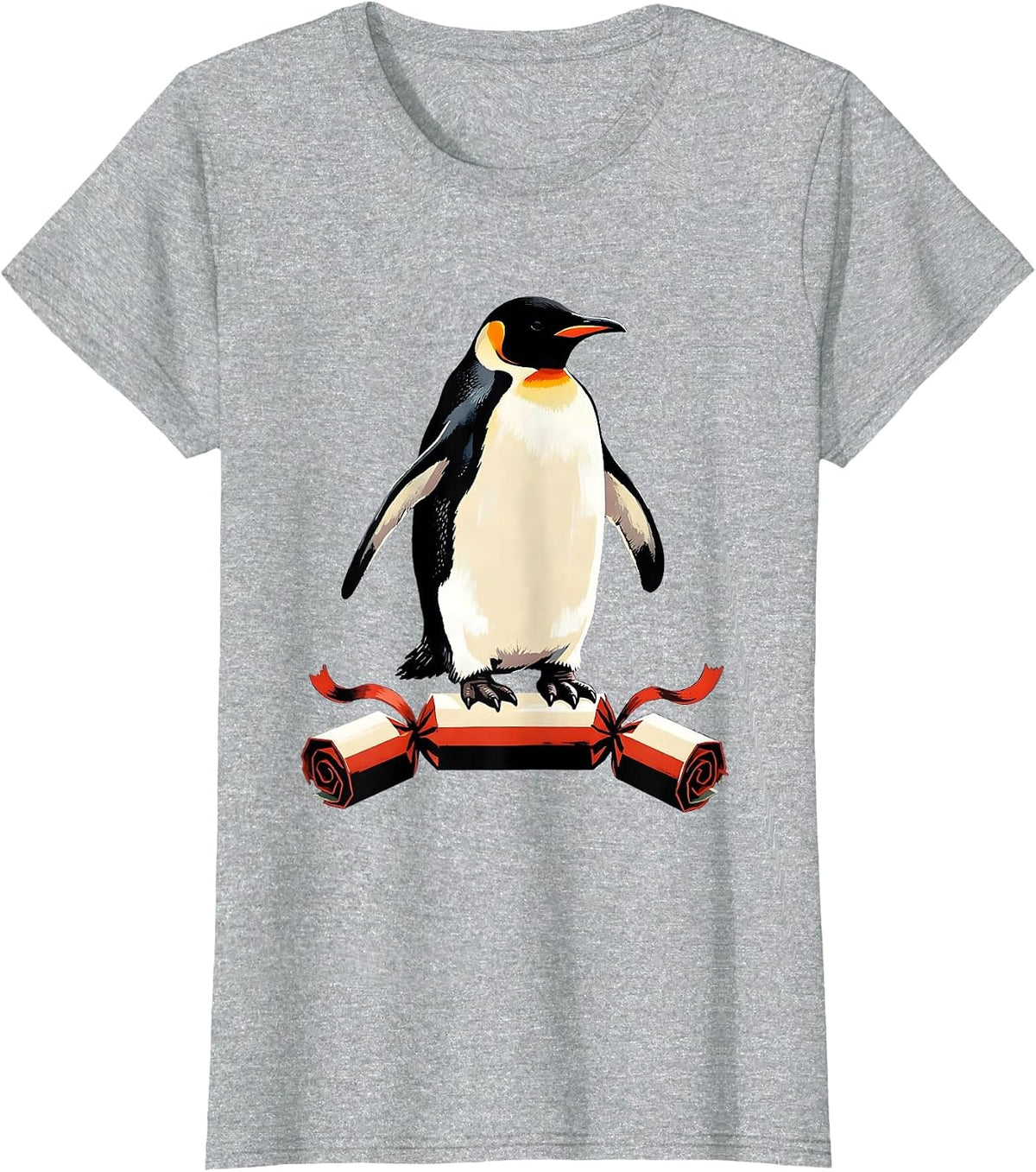 Women's Penguin Bursting From Cracker Funny Christmas Humor T-Shirt - Heather Grey
