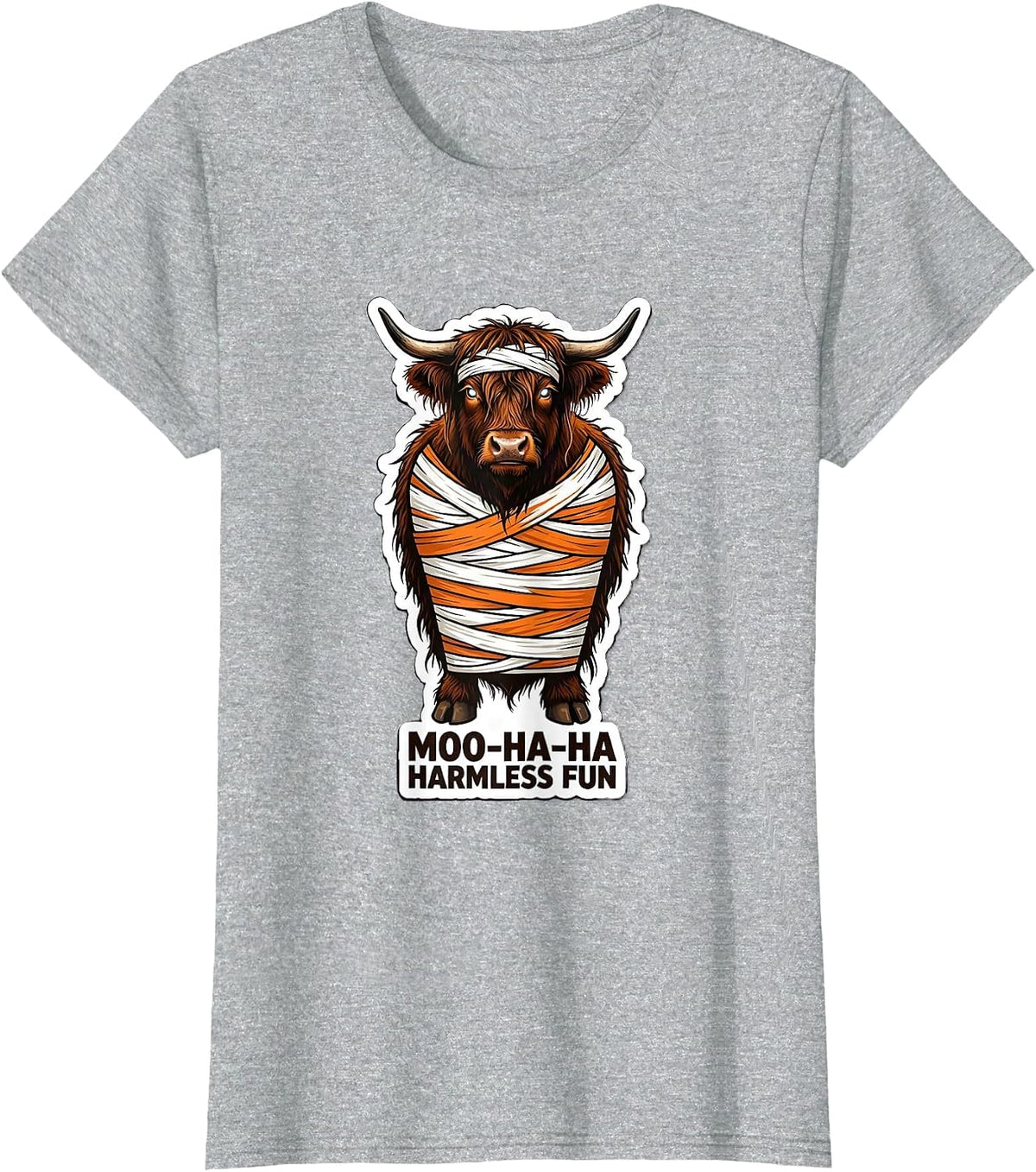 Moo-Ha-Ha, Harmless Fun Whimsical Highland Cow Halloween T-Shirt - Heather Grey