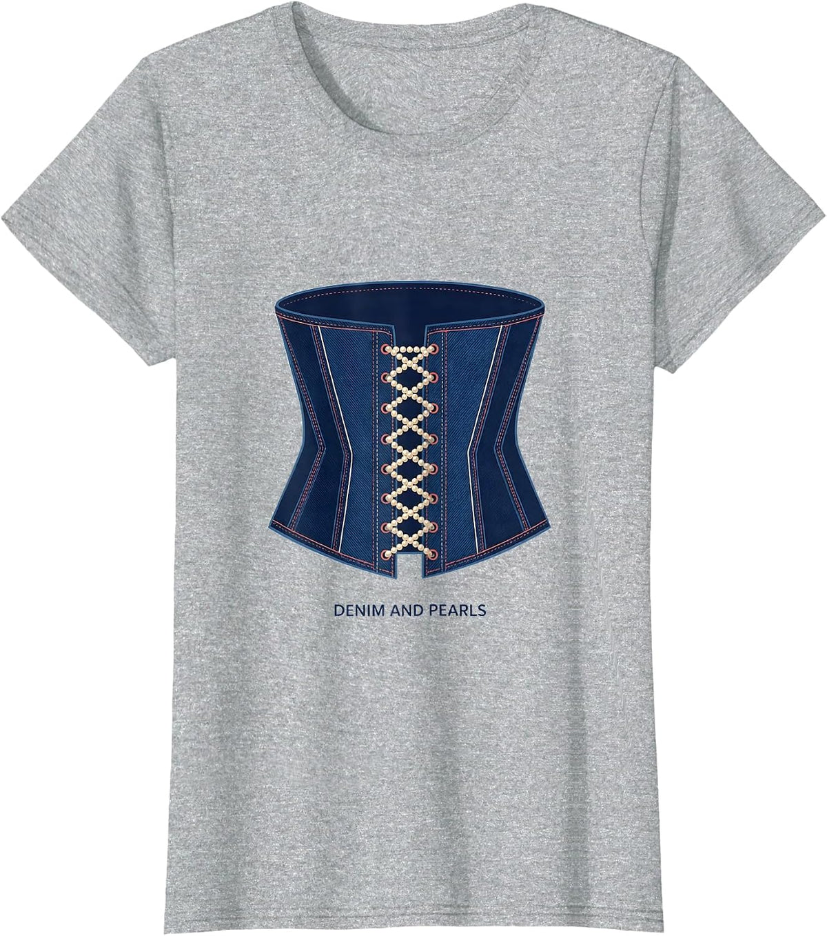 Women's Denim And Pearls Glam Vintage Ladylike Fashion Gift T-Shirt - Heather Grey