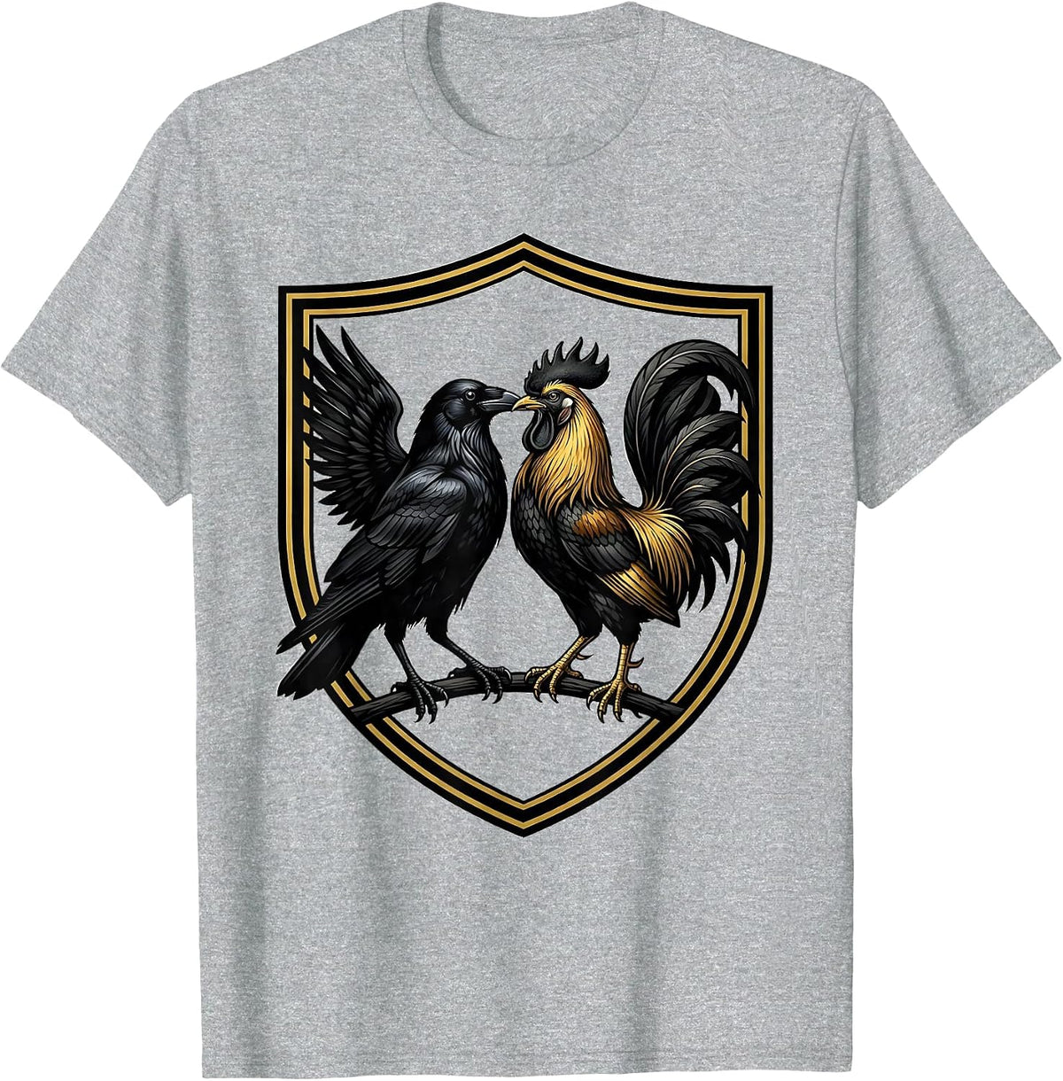 Men's Crow and Rooster Face Off Graphic Design T-Shirt - Heather Grey