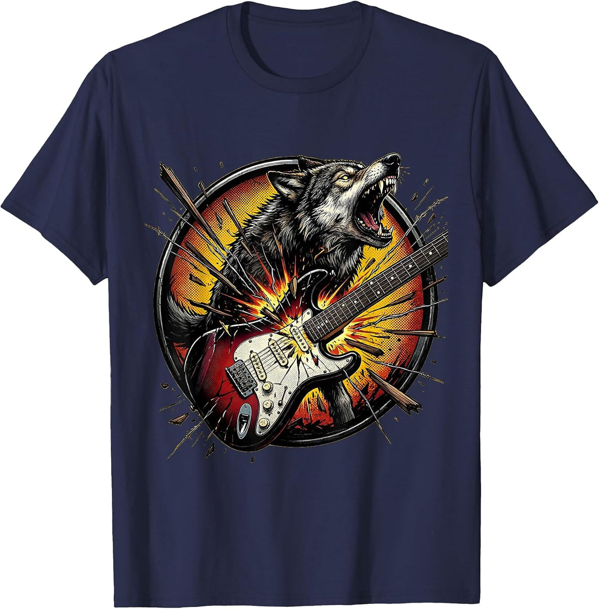 Wolf Howling Through Broken Guitar Classic Rock Art T-Shirt - Navy Blue