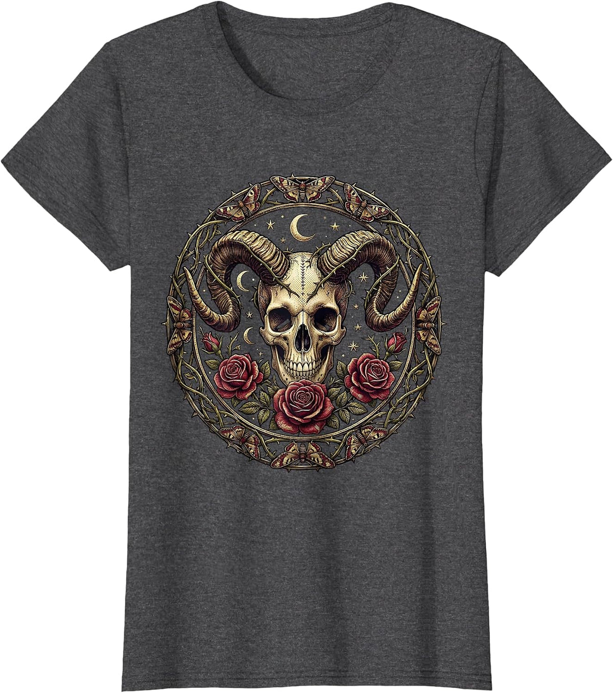 Women's Skull Ram Horns and Roses Gothic Dark Art Design T-Shirt - Dark Heather Grey