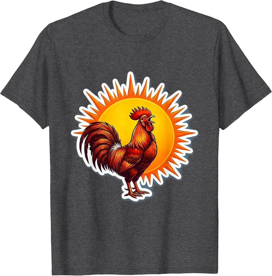 Men's Rooster Crowing at Rising Sun Graphic Design T-Shirt - Dark Heather Grey