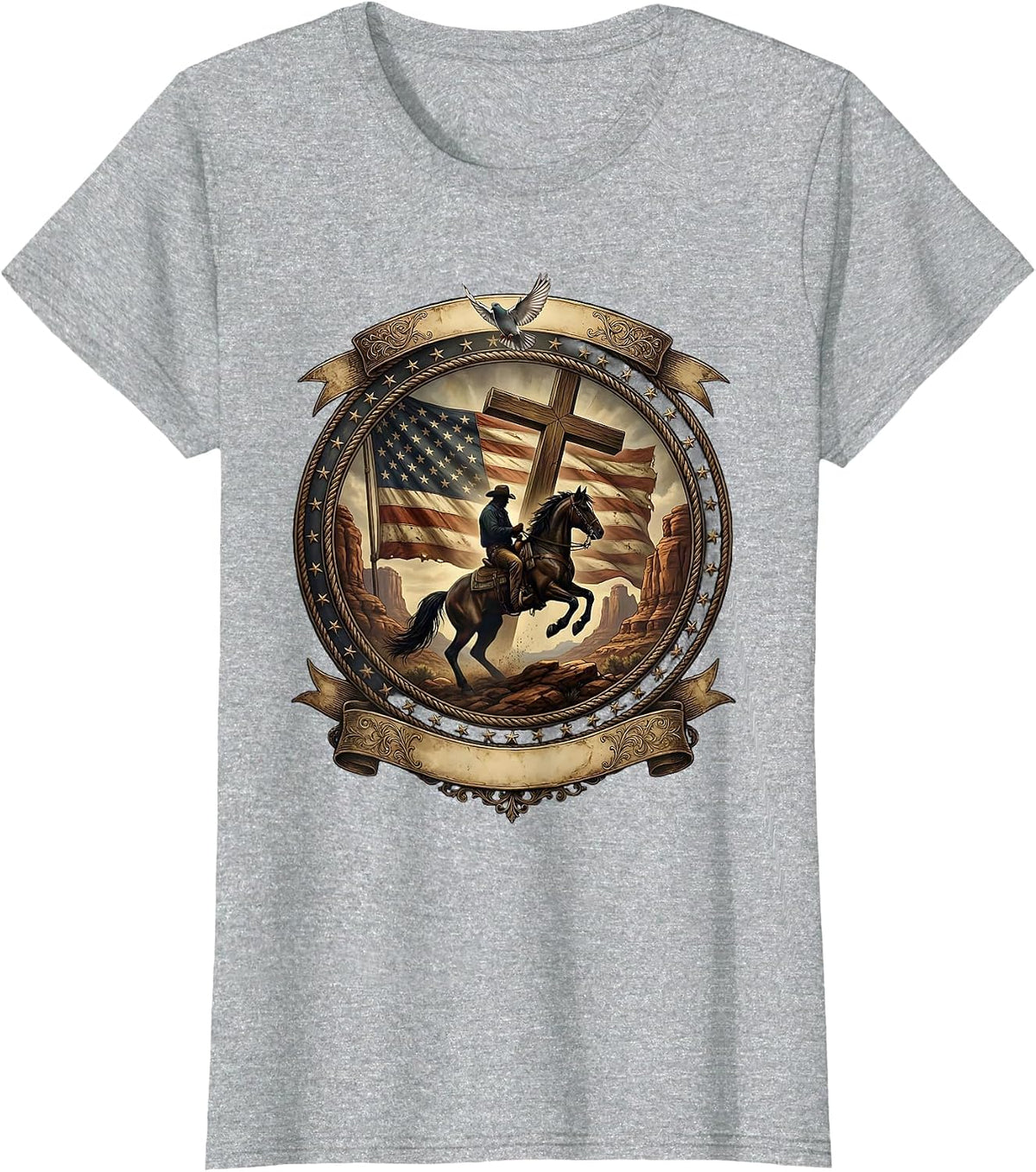Cowboy Riding Horse Through Dusty Canyon T-Shirt - Heather Grey