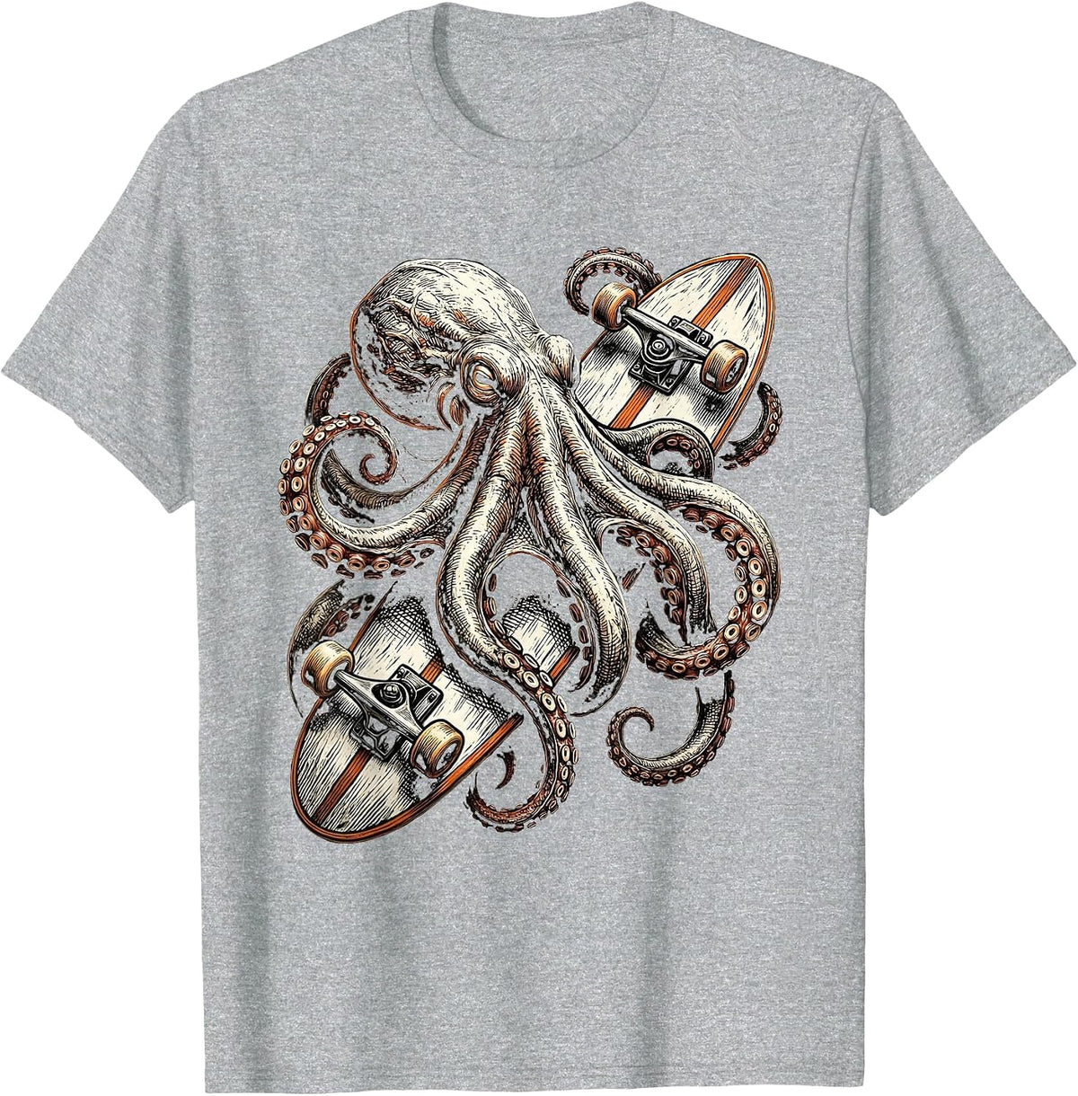 Men's Octopus Surfboard Surf Art Graphic Tee T-Shirt - Heather Grey