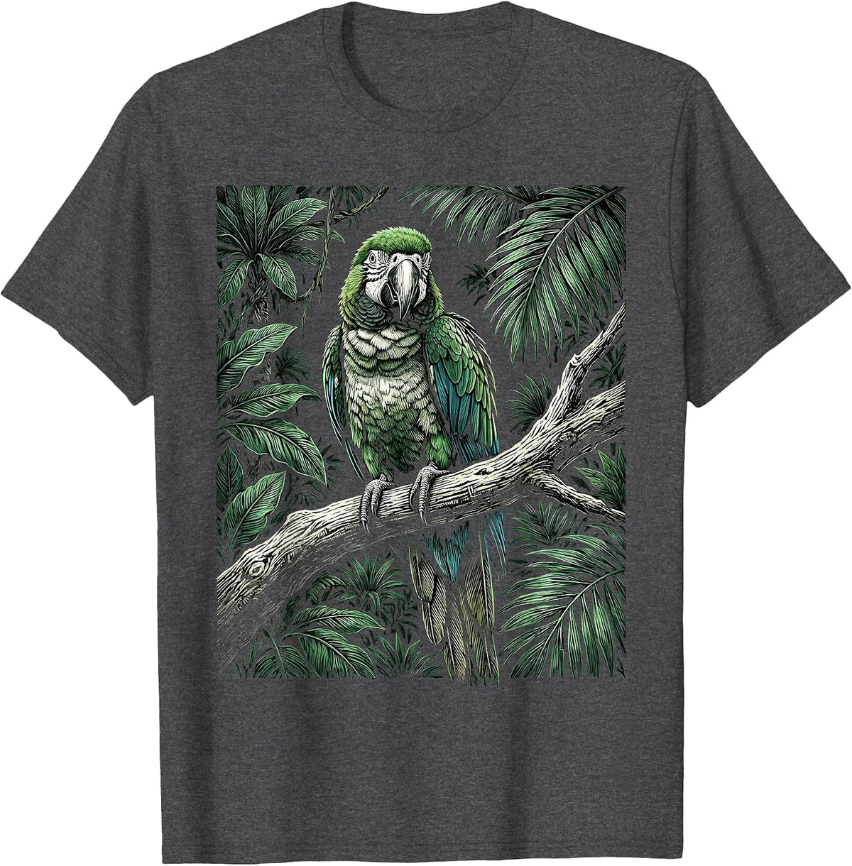 Men's Parakeet on Tropical Jungle Branch Illustration T-Shirt - Dark Heather Grey