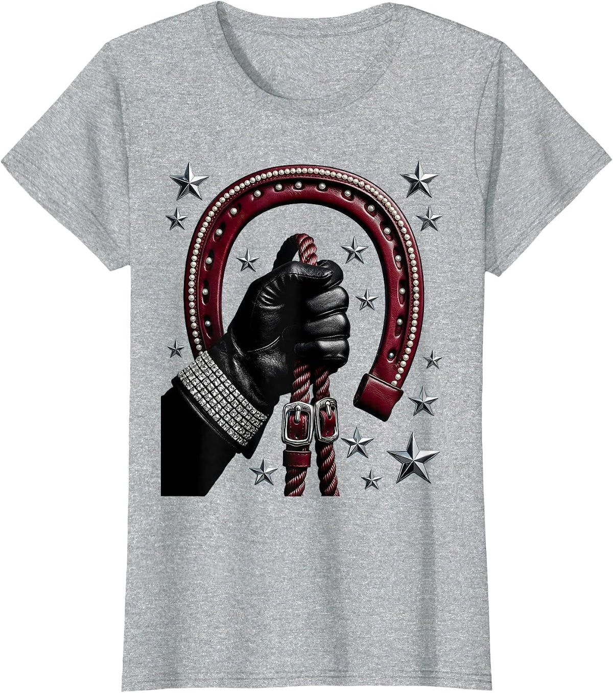 Cowboy Hand Holding Reins Stormy Sky Illustration T-Shirt - Heather Grey