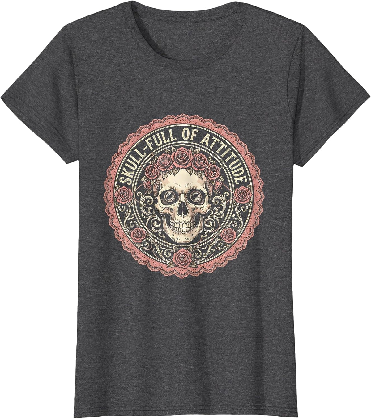 Women's Skull-full of Attitude Skeleton Women Graphic Design T-Shirt - Dark Heather Grey