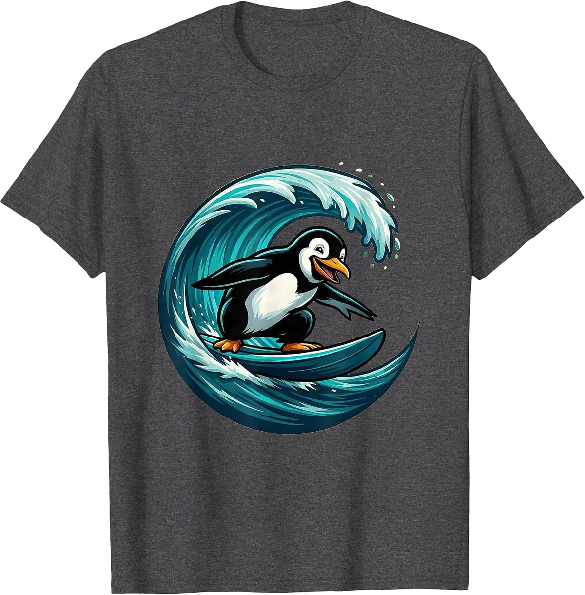 Men's Penguin Surfing a Giant Ocean Wave T-Shirt - Dark Heather Grey