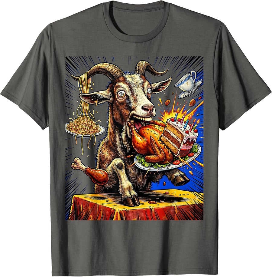 Funny Goat Eating Everything Off Dinner Table T-Shirt - Asphalt Grey