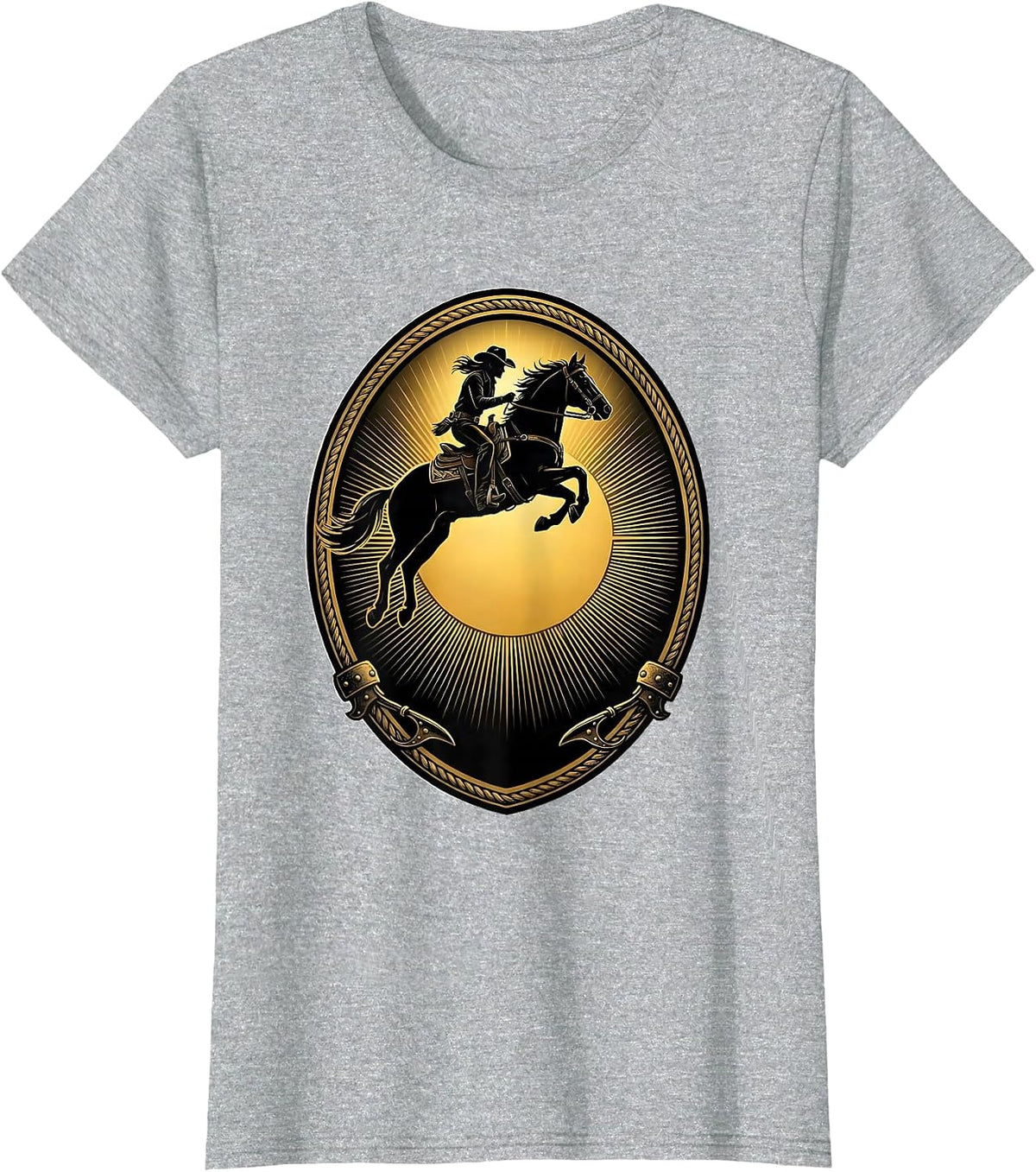 Cowgirl and Horse Jumping Over Setting Sun T-Shirt - Heather Grey