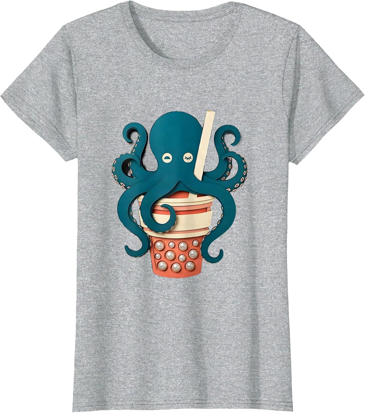 Sleepy Octopus Kawaii Boba Tea Lover T-Shirt - Heather Grey