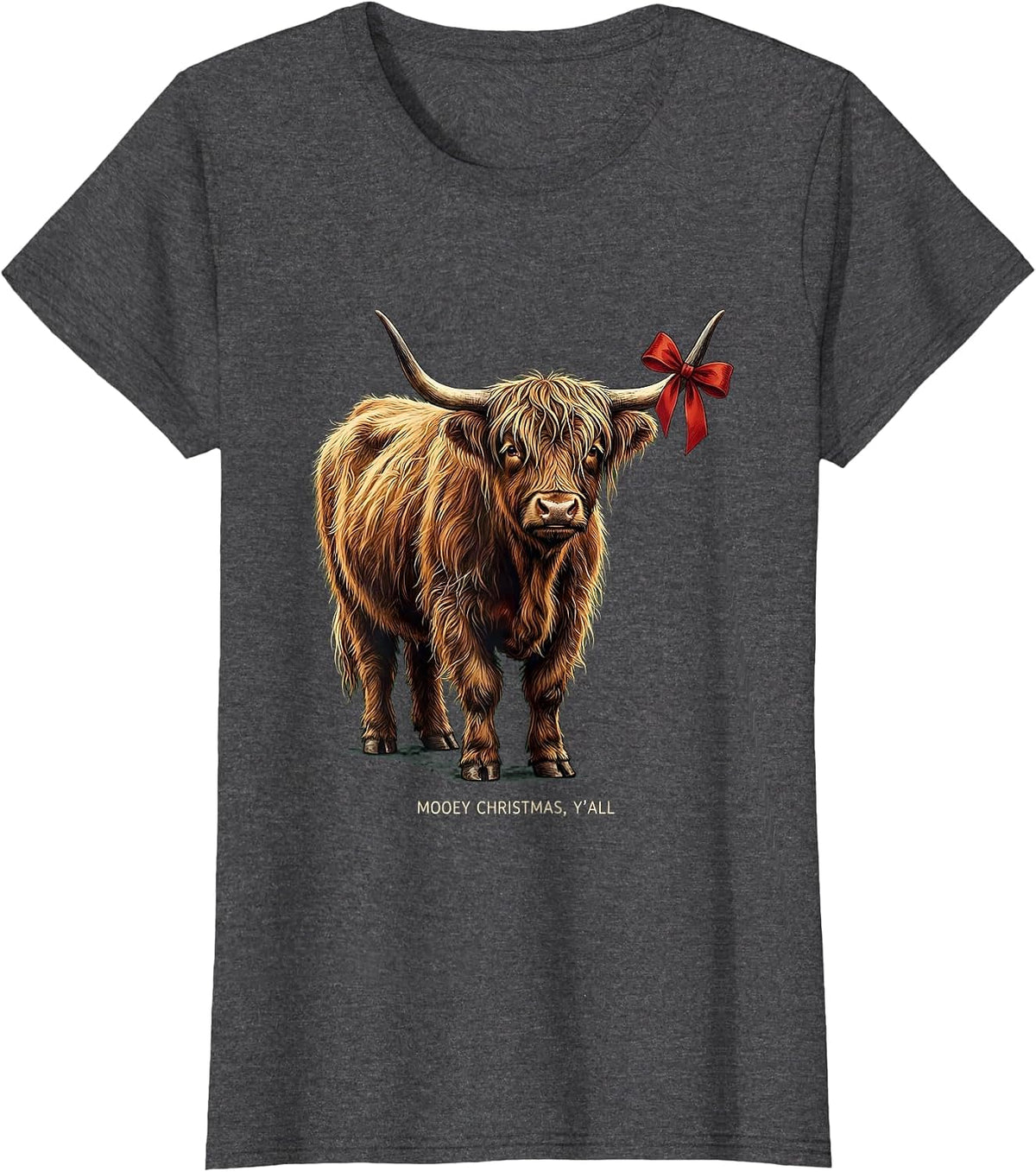 Women's Mooey Christmas, Y'all Funny Highland Cow Farm Humor T-Shirt - Dark Heather Grey