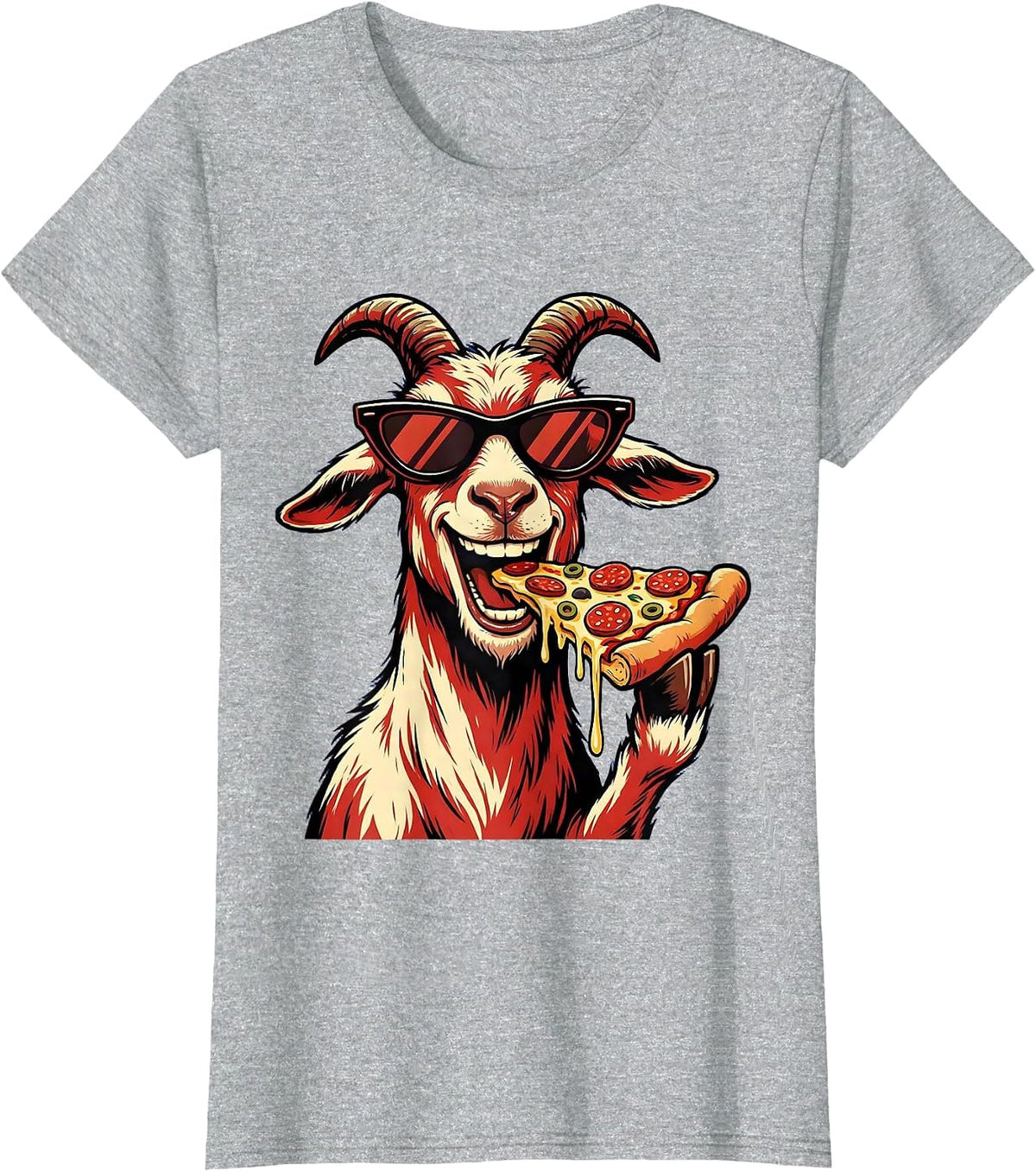 Cool Goat in Sunglasses Eating Pizza Funny T-Shirt - Heather Grey