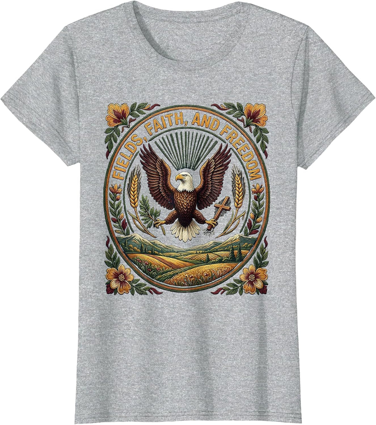 Women's Fields Faith and Freedom Patriotic Country Design T-Shirt - Heather Grey
