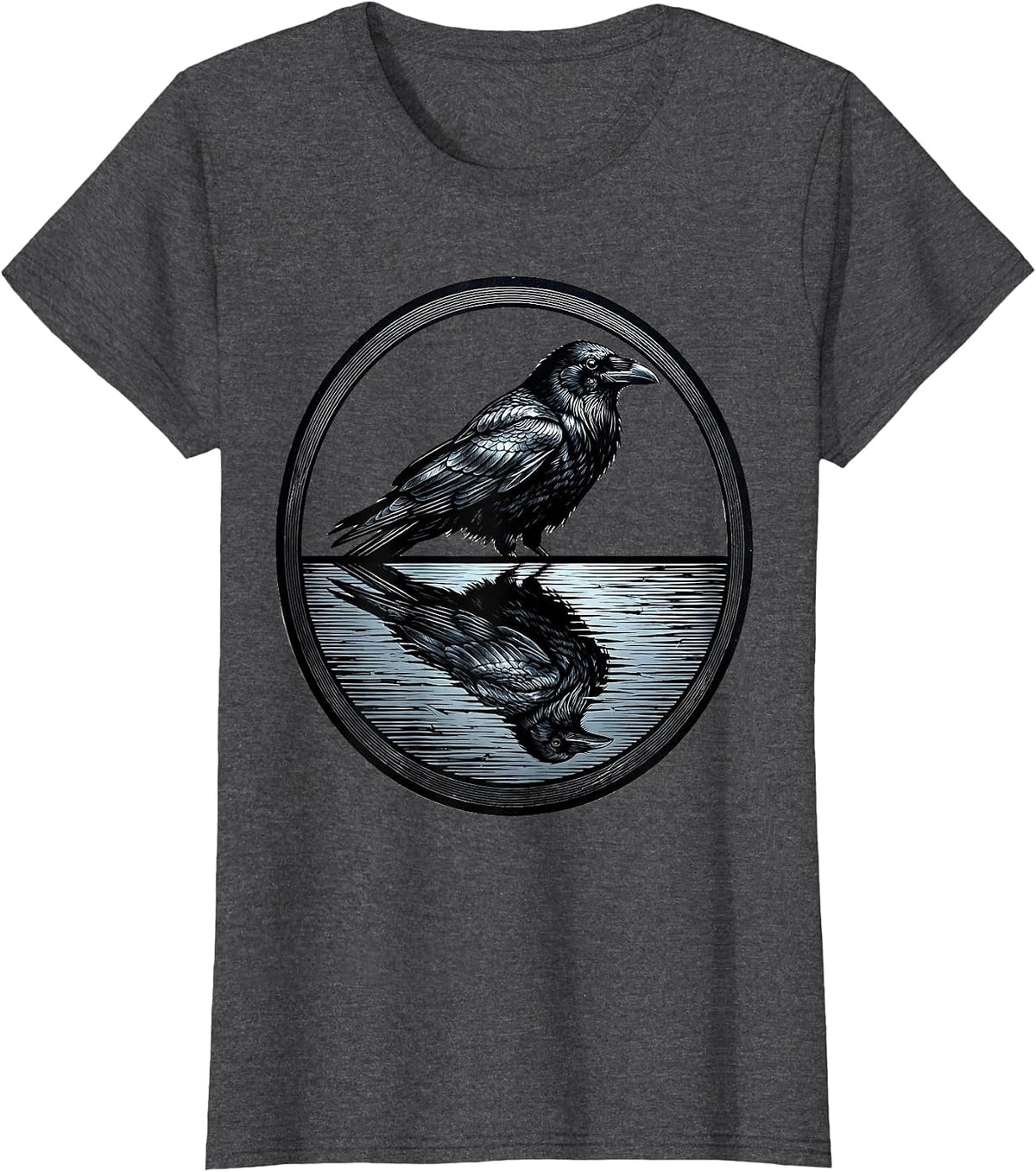 Women's Crow Reflection Dark Water Nature Illustration T-Shirt - Dark Heather Grey