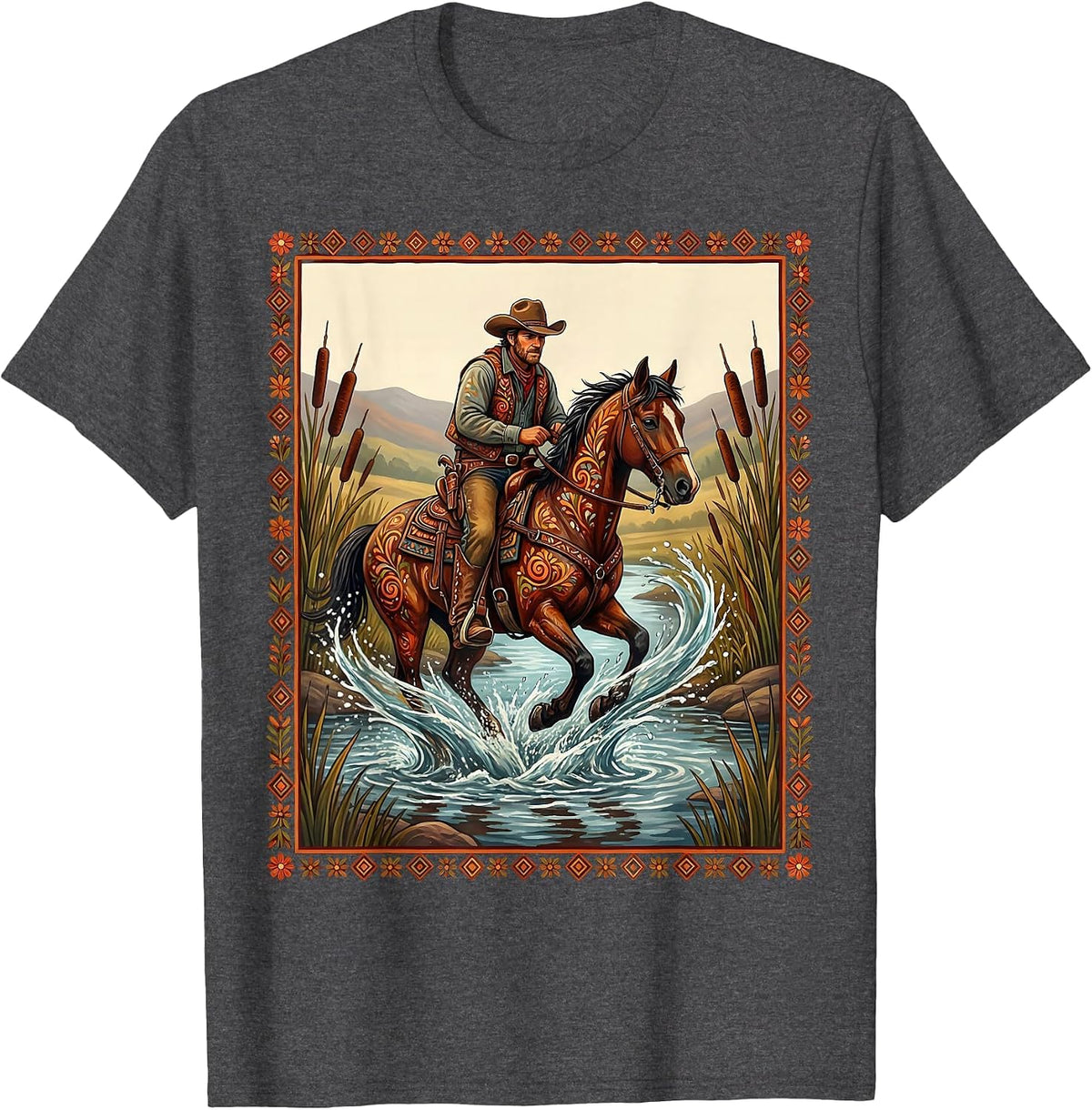 Cowboy River Crossing Western Horseback Illustration T-Shirt - Dark Heather Grey