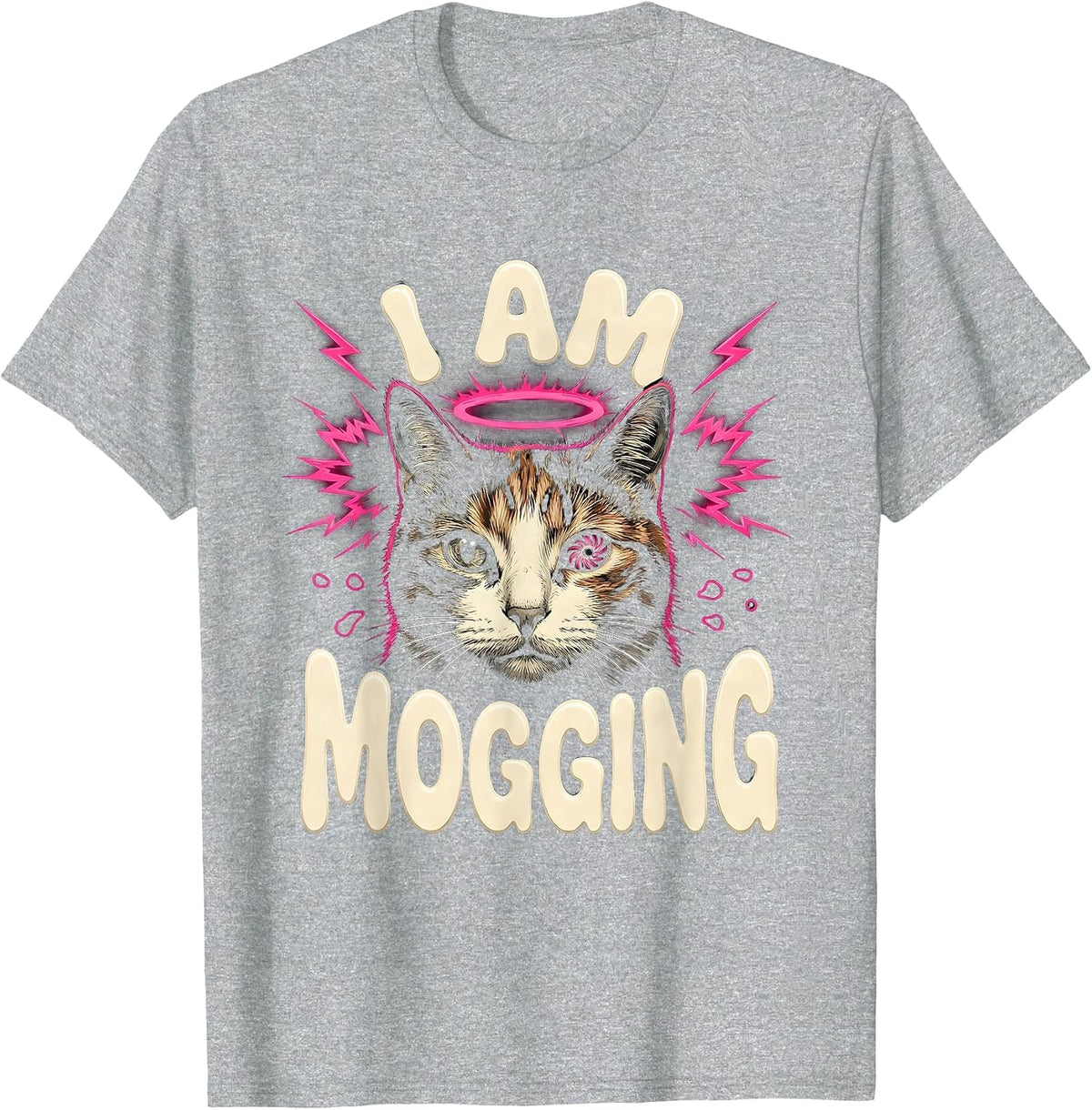 Men's I Am Mogging Funny Cat Meme Bootleg Graphic T-Shirt - Heather Grey