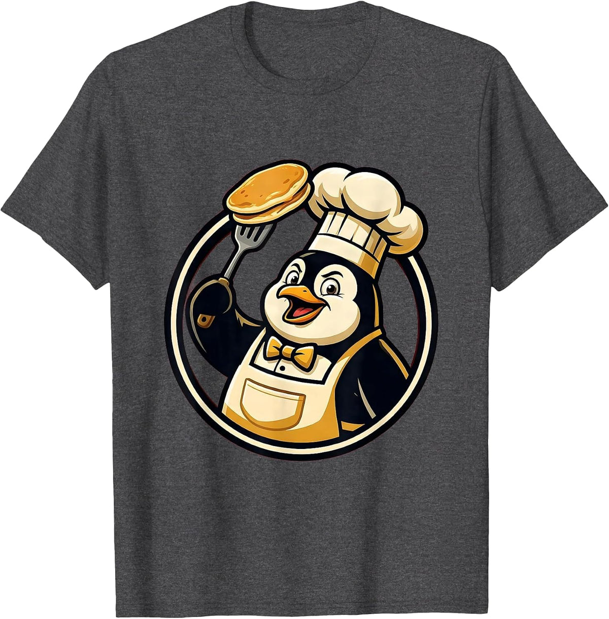 Penguin Chef Flipping Pancake Funny Cooking Art T-Shirt - Dark Heather Grey