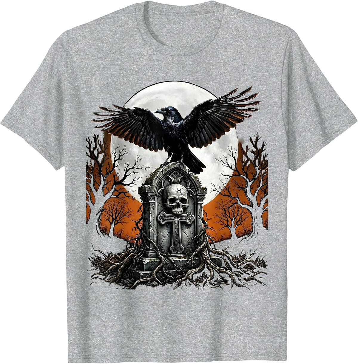 Men's Gothic Crow on Gravestone Halloween Design T-Shirt - Heather Grey