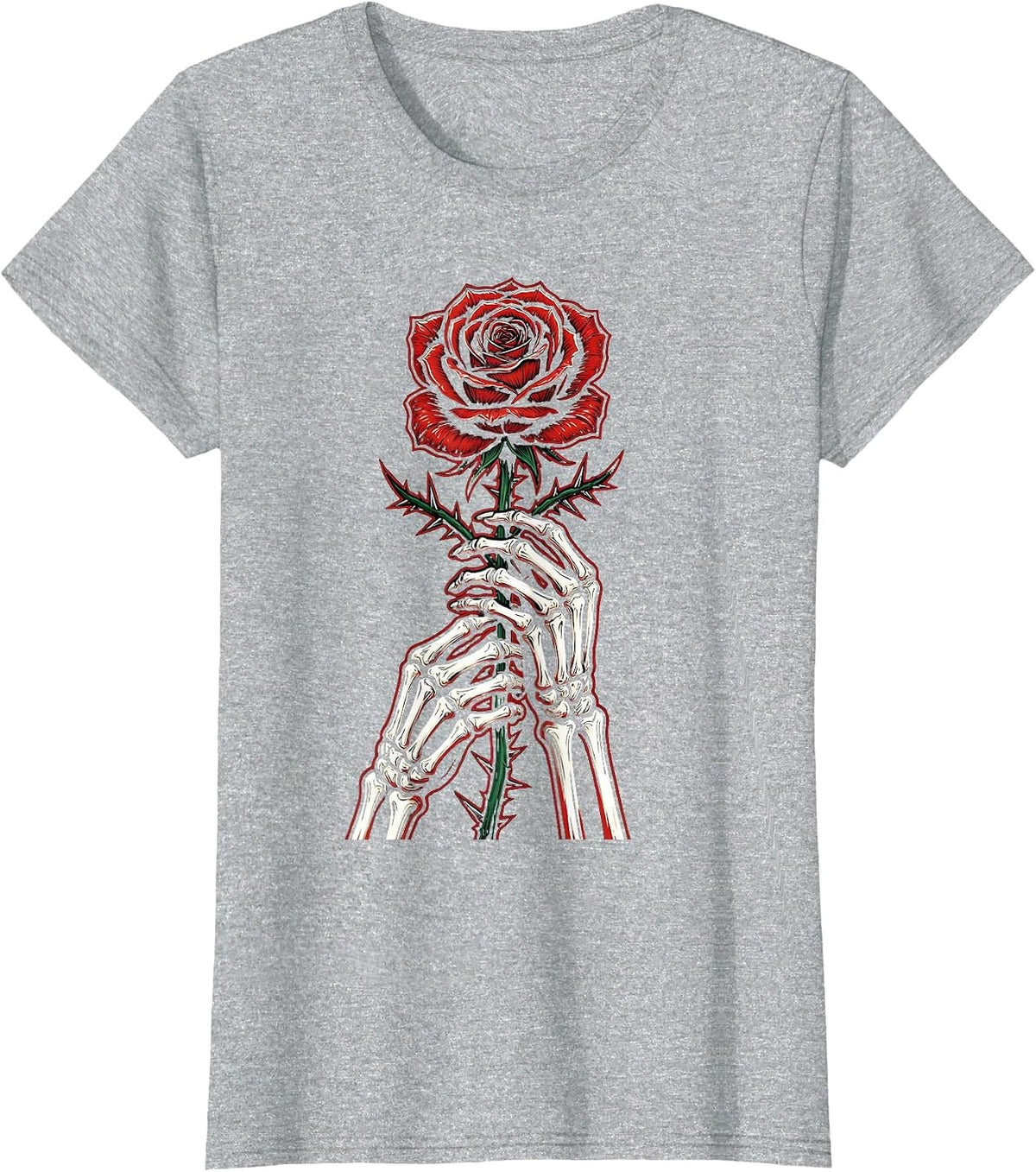 Women's Skeleton Hands Gripping Thorned Rose Long Sleeve T-Shirt - Heather Grey