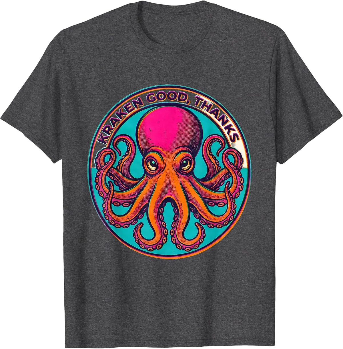 Men's Kraken Good, Thanks Playful Octopus Lover Risograph Art T-Shirt - Dark Heather Grey