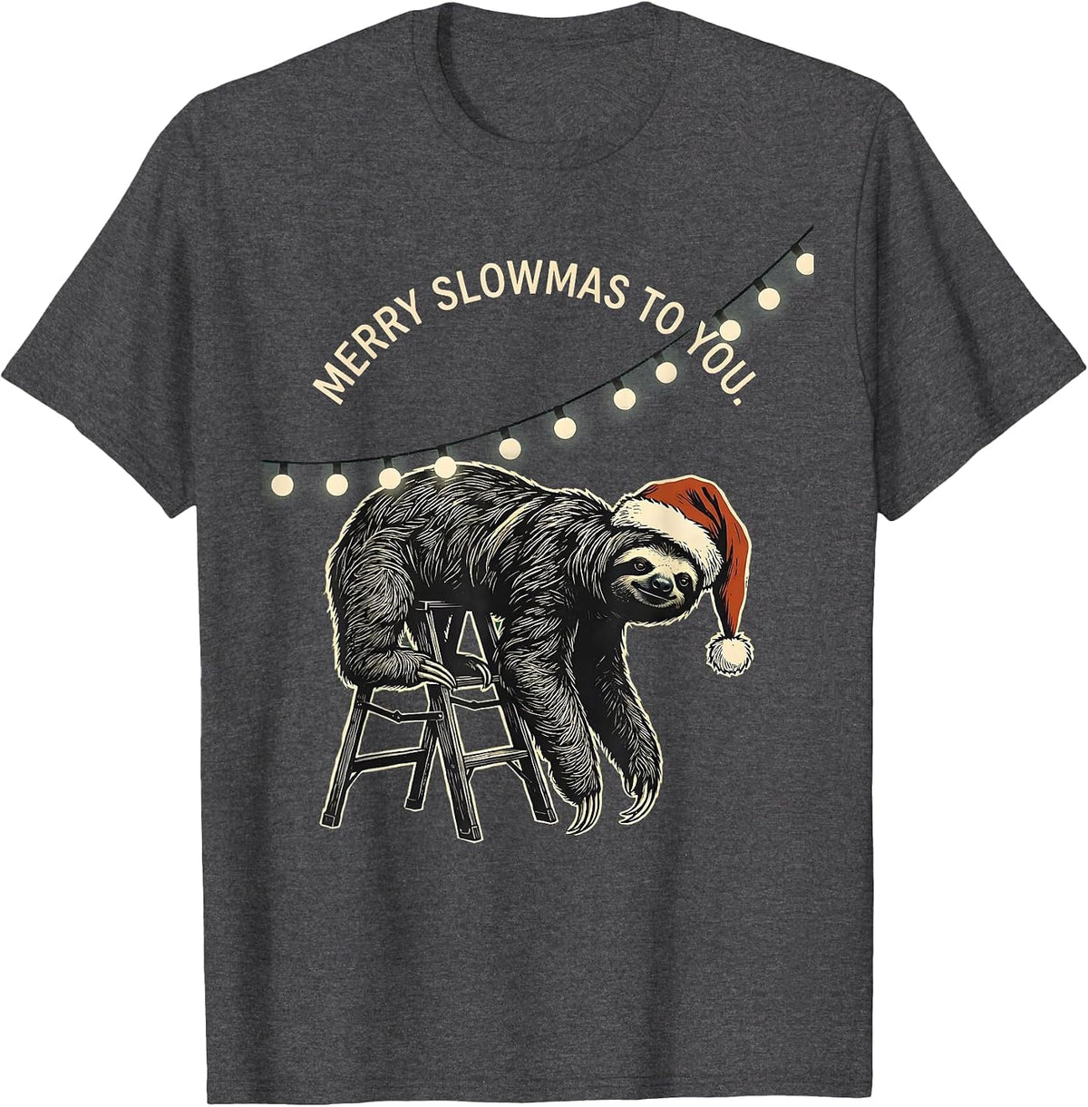 Merry Slowmas to You Funny Sloth Lover Christmas Lights T-Shirt - Dark Heather Grey