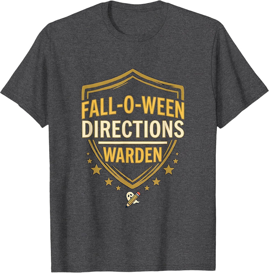 Men's Fall-O-Ween Directions Warden Funny Halloween Teacher Ghost T-Shirt - Dark Heather Grey