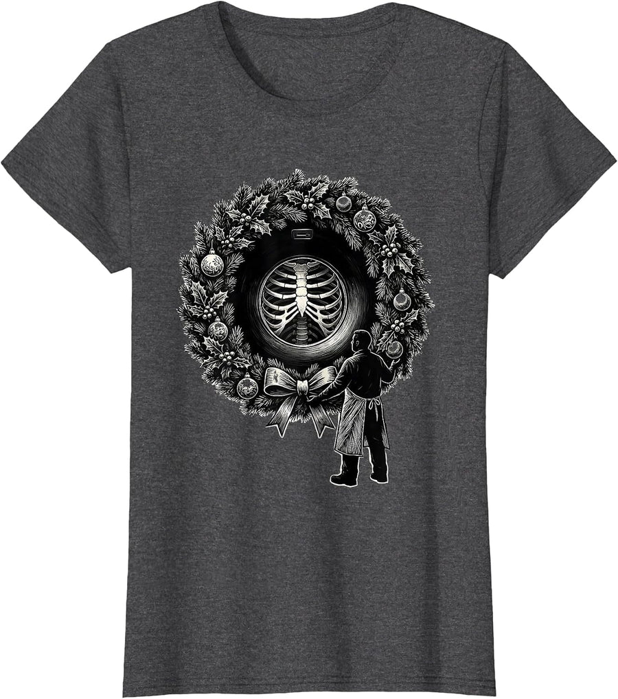 Women's CT Gantry Wreath Scratchboard Radiology Tech Christmas Humor T-Shirt - Dark Heather Grey