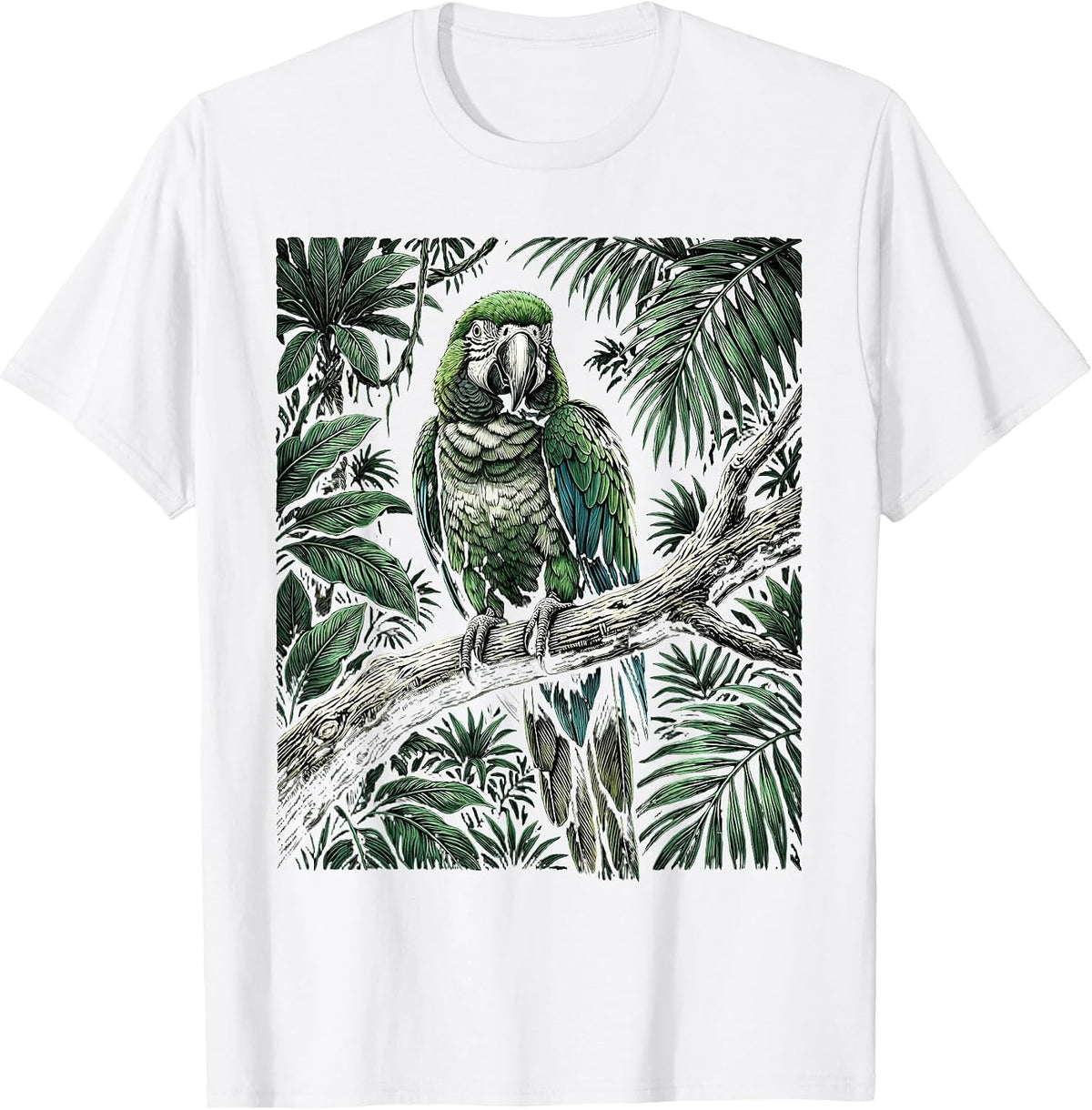 Men's Parakeet on Tropical Jungle Branch Illustration T-Shirt - White