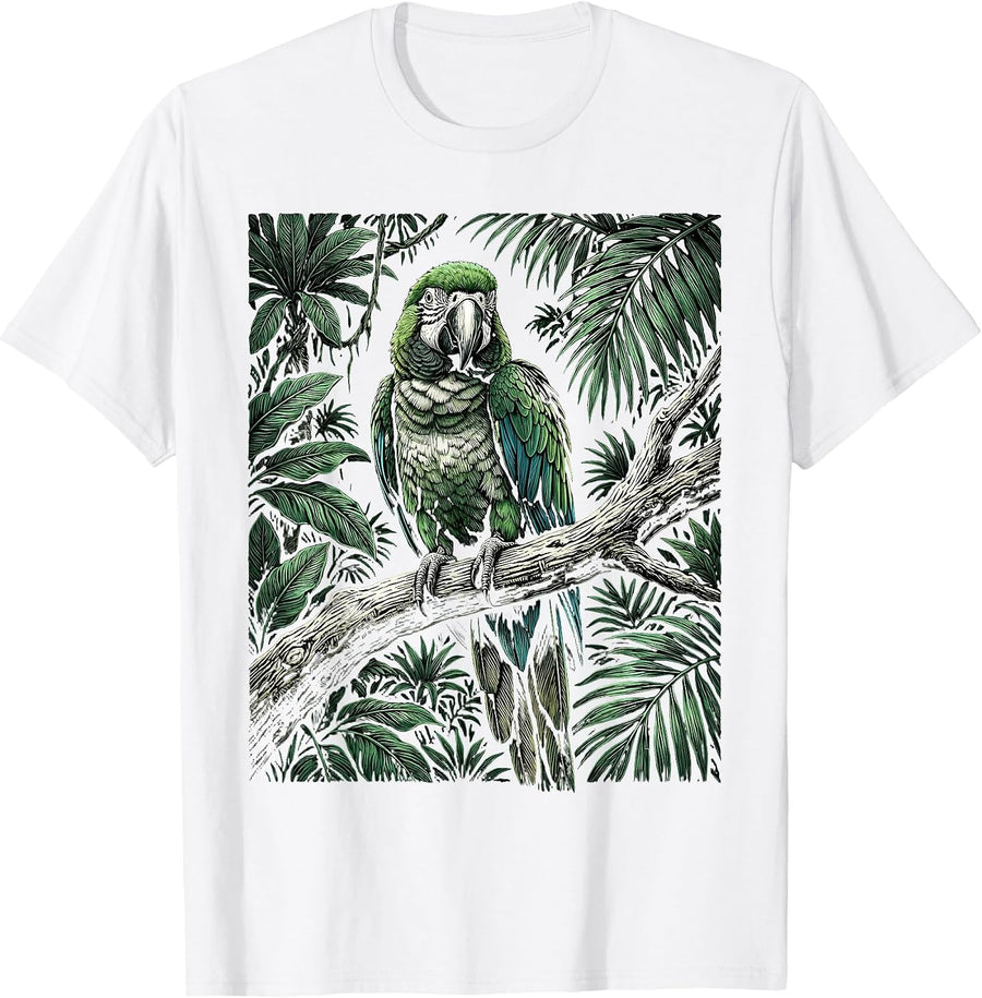 Men's Parakeet on Tropical Jungle Branch Illustration T-Shirt - White