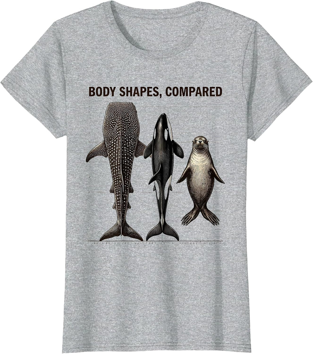 Body Shapes Compared Crosshatch Etching Whale Shark Orca T-Shirt - Heather Grey