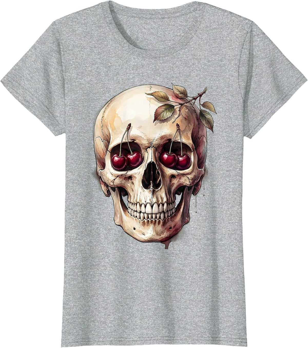 Skull With Cherry Eyes Dark Aesthetic Graphic T-Shirt - Heather Grey