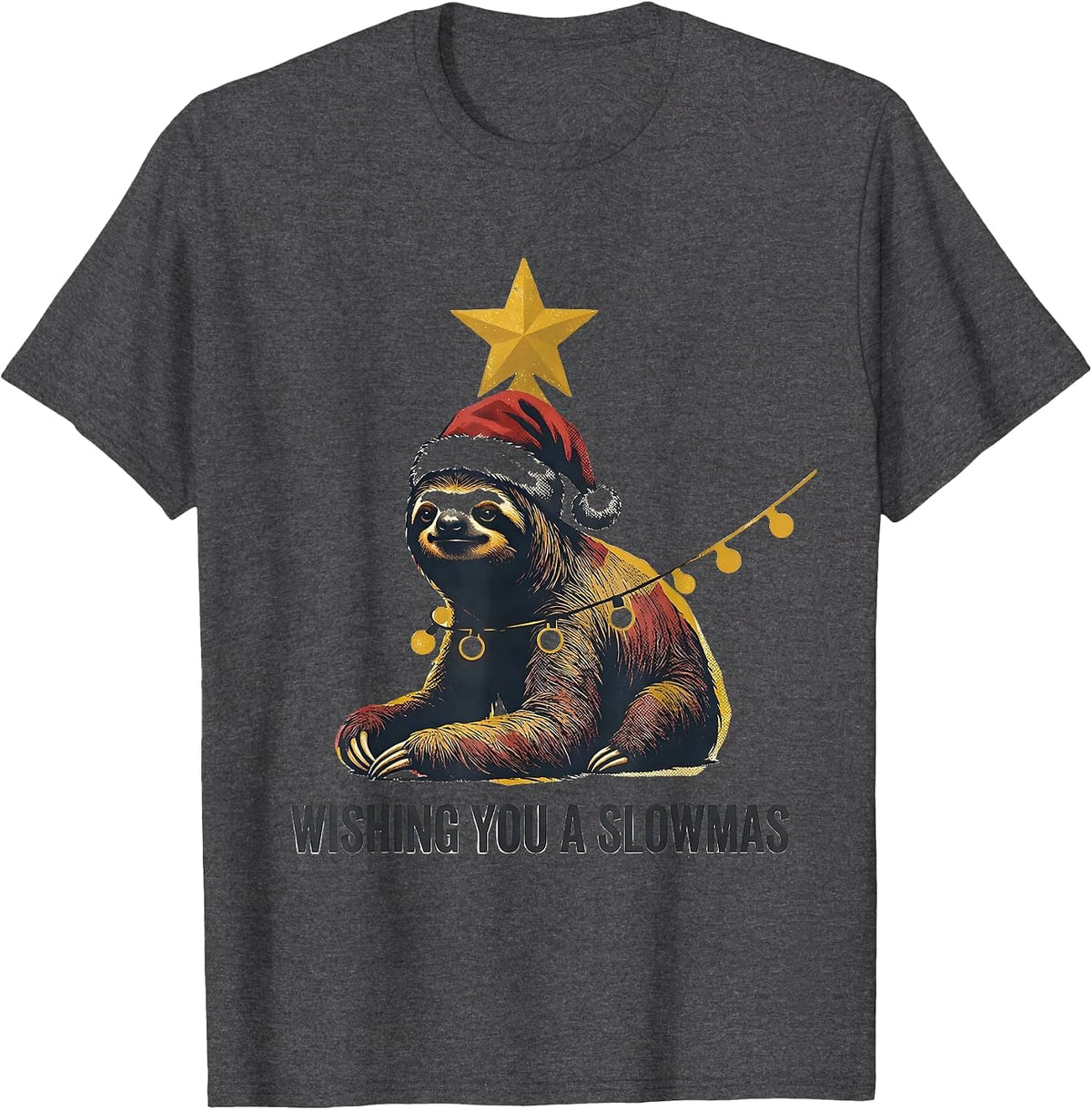 Wishing You a Slowmas Funny Sloth Christmas Lights Holiday T-Shirt - Dark Heather Grey