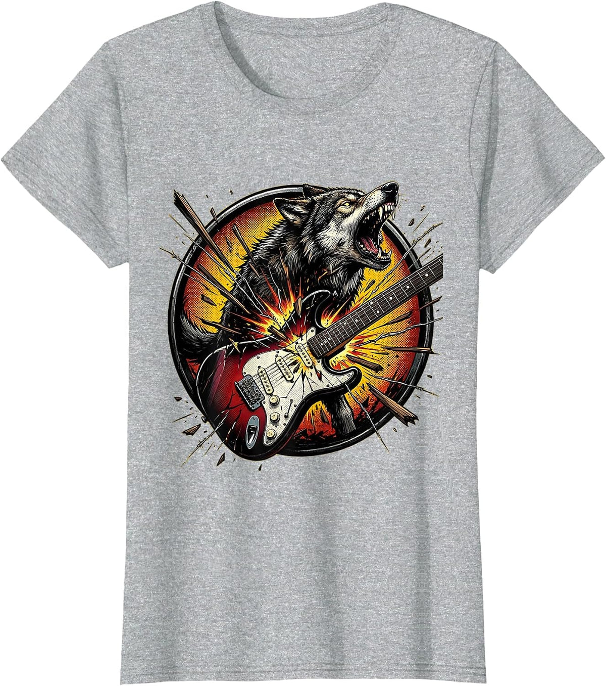 Wolf Howling Through Broken Guitar Classic Rock Art T-Shirt - Heather Grey