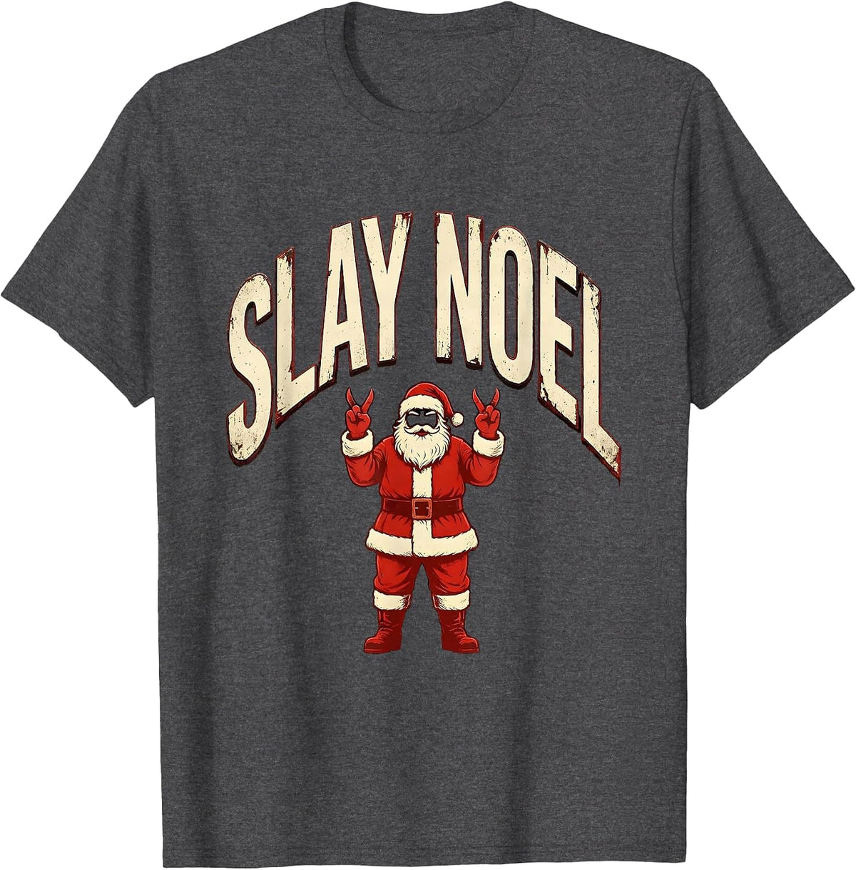 Men's Slay Noel Heavy Metal Rocker Christmas Santa Claus Funny T-Shirt - Dark Heather Grey
