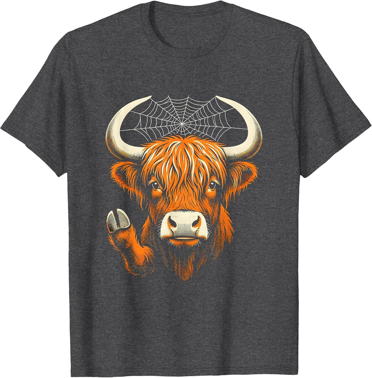 Men's Highland Cow Spiderweb Halloween Fall Family Humor T-Shirt - Dark Heather Grey