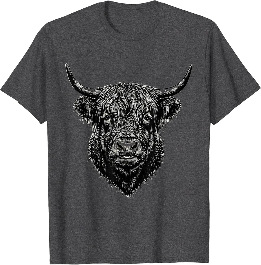 Men's Shaggy Highland Cow Scratchboard Funny Cute Novelty T-Shirt - Dark Heather Grey