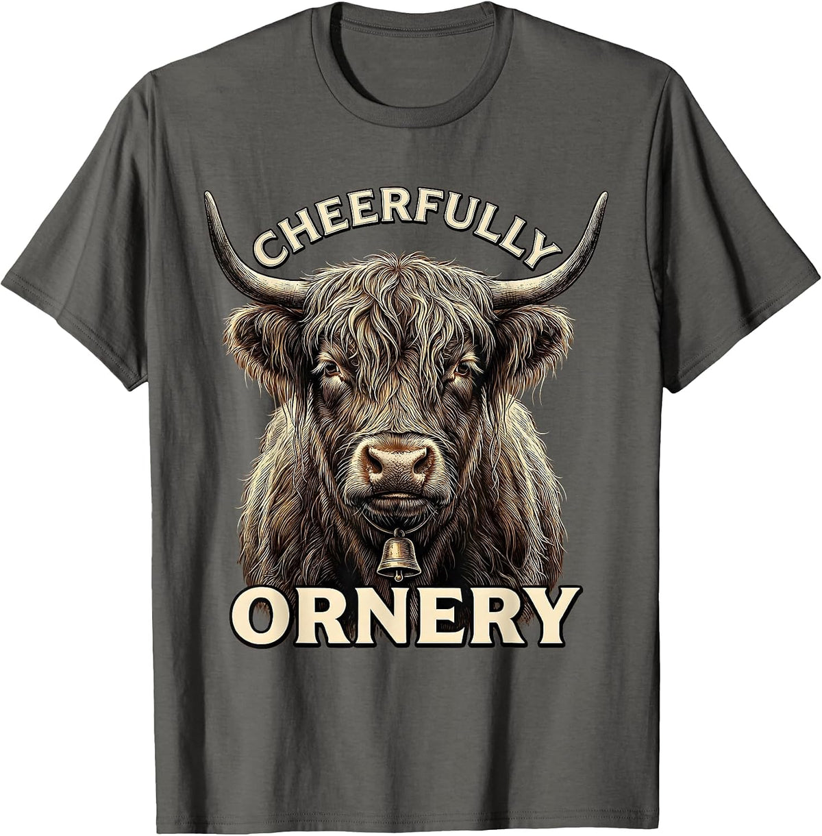 Cheerfully Ornery Crosshatch Highland Cow Funny Cute Animal T-Shirt - Asphalt Grey
