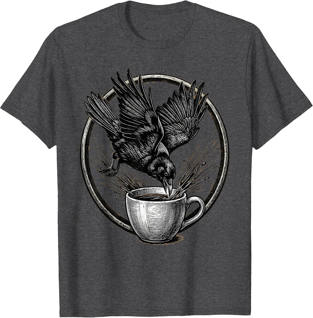 Men's Crow Diving Into Coffee Mug Funny Bird Art T-Shirt - Dark Heather Grey