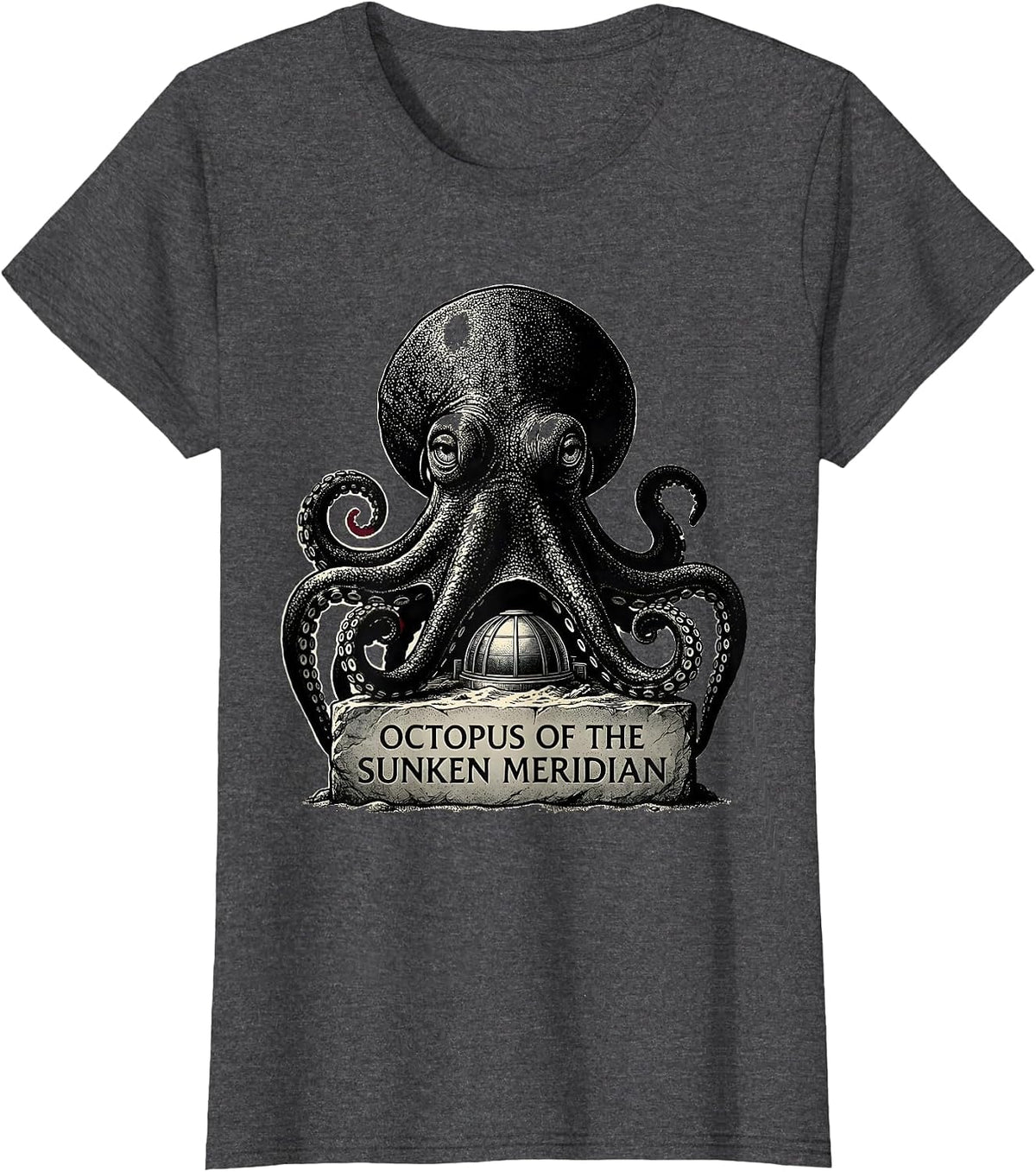 Women's Octopus of the Sunken Meridian Blackwork Dotwork Ocean T-Shirt - Dark Heather Grey