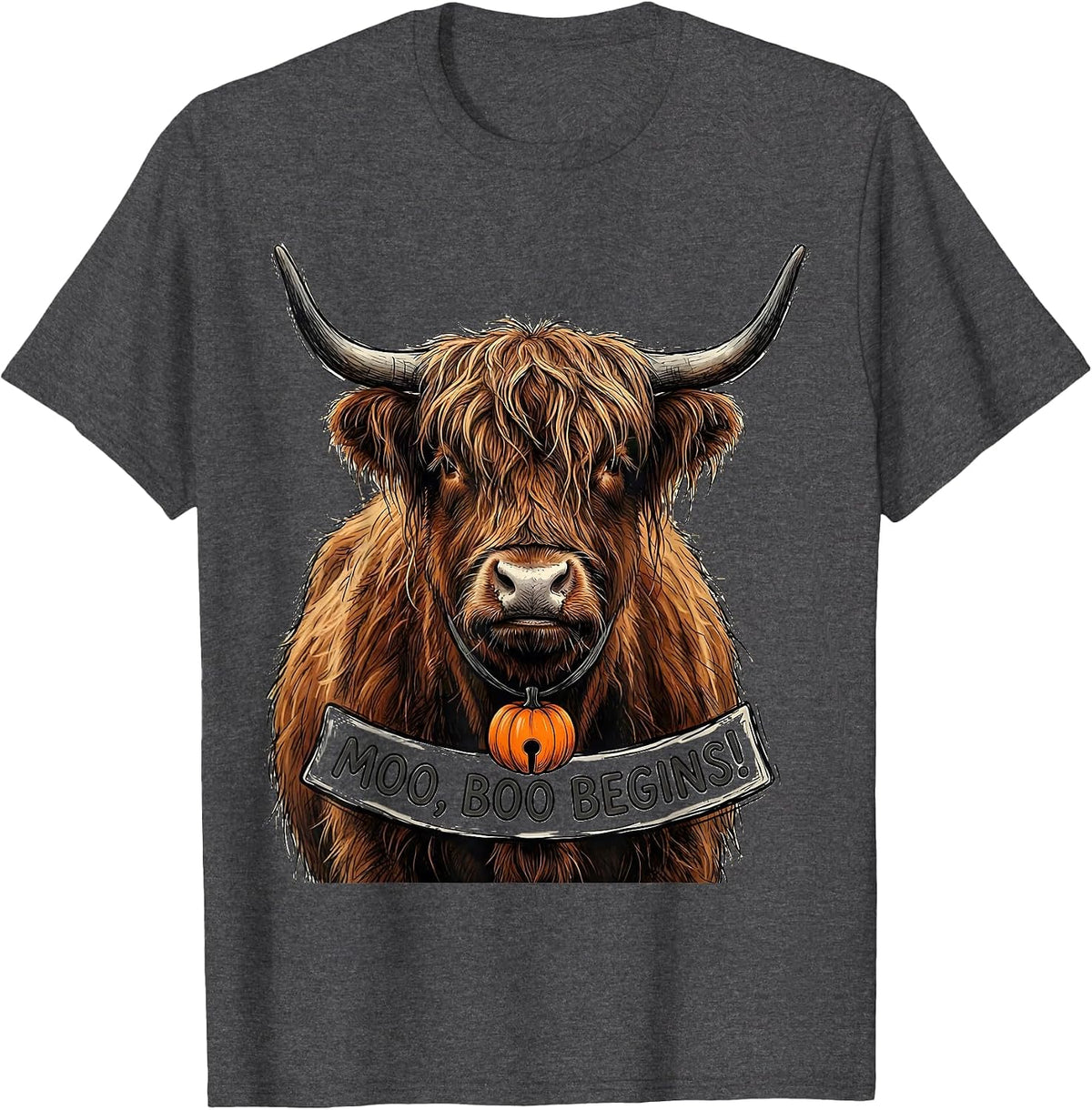 Moo, Boo Begins Funny Highland Cow Fall Halloween Humor T-Shirt - Dark Heather Grey