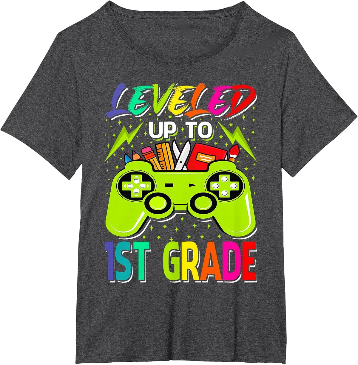 Leveled Up to 1st Grade Gamer Back to School First Day Boys T-Shirt - Dark Heather Grey
