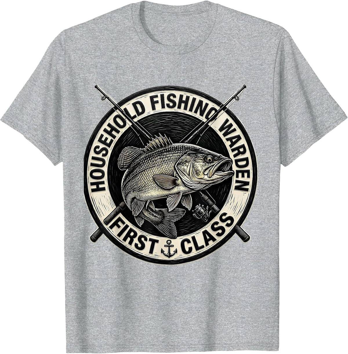 Men's Household Fishing Warden First Class Funny Fishing Humor T-Shirt - Heather Grey