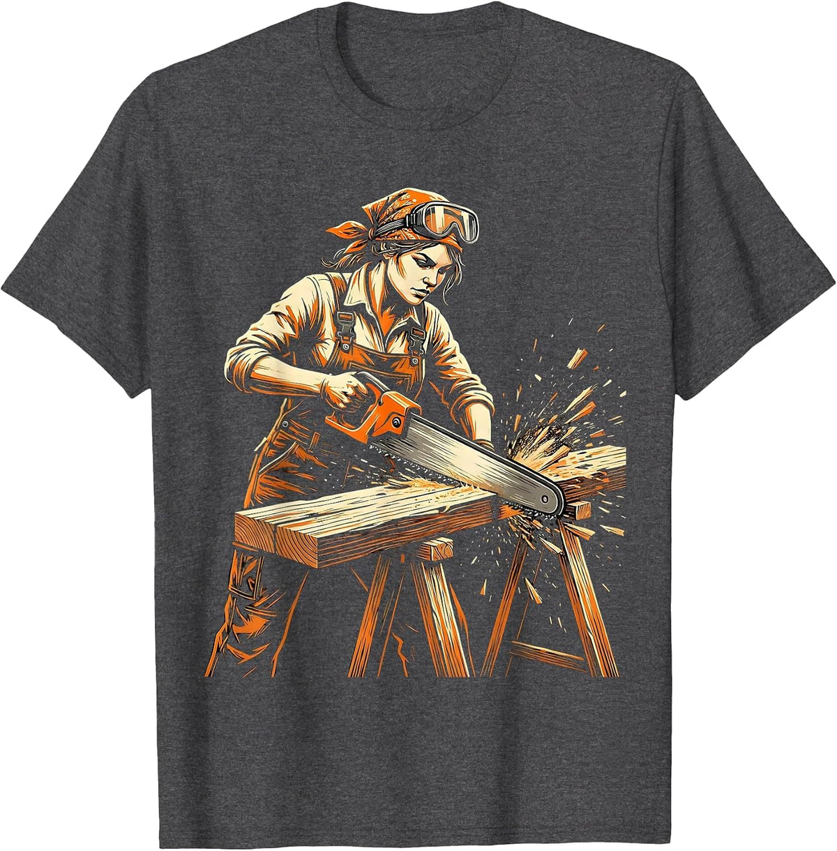 Labor Day Woman Carpenter Sawing Wood Illustration T-Shirt - Dark Heather Grey
