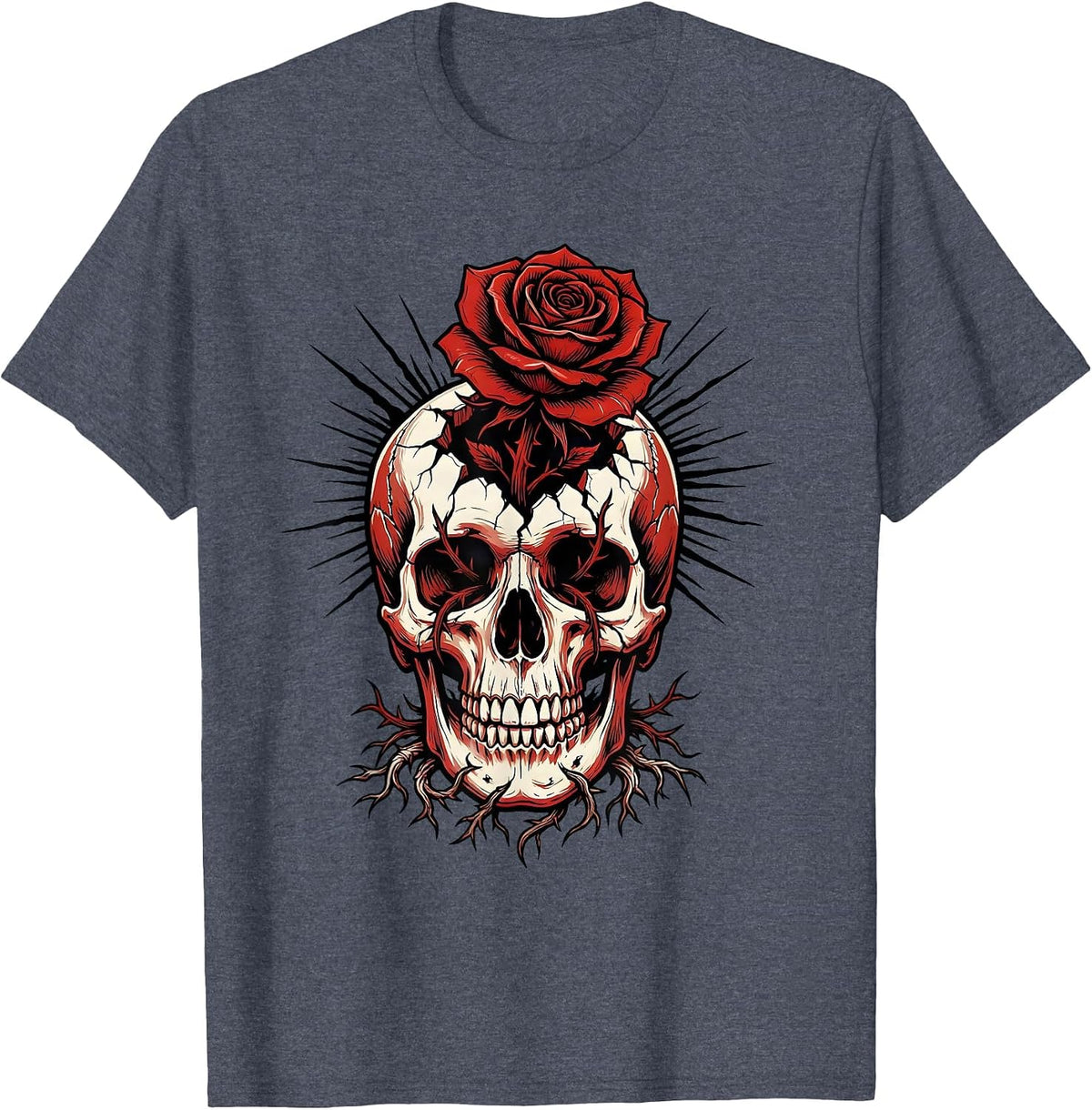Emo Flower Cracked Skull Graphic Tee T-Shirt - Heather Blue