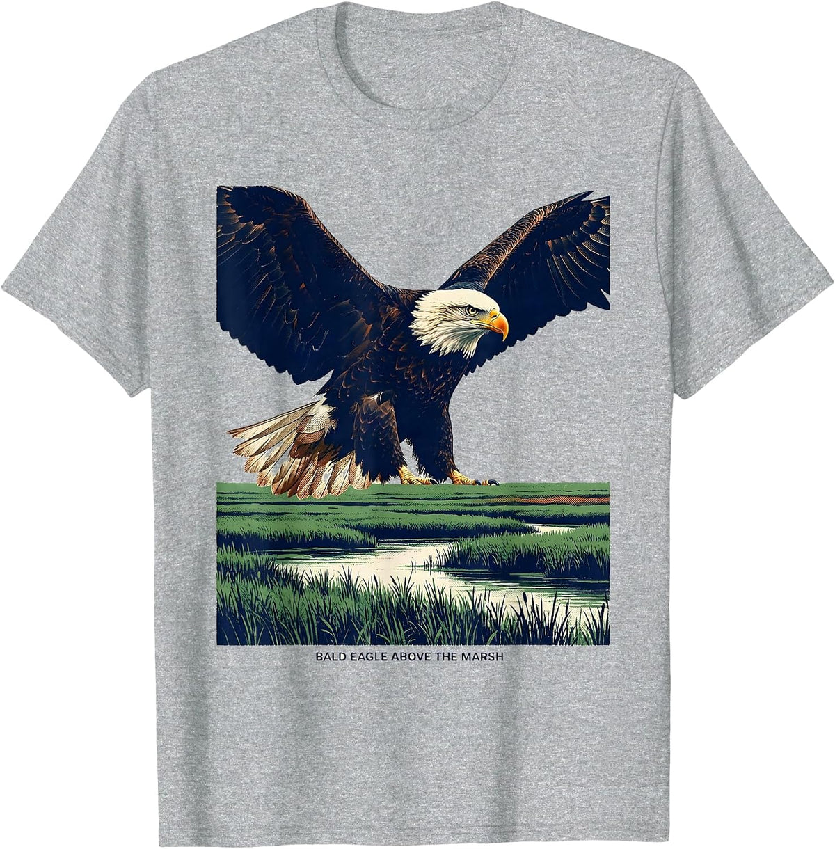 Men's Bald Eagle Above The Marsh Screenprint Patriotic Wildlife T-Shirt - Heather Grey