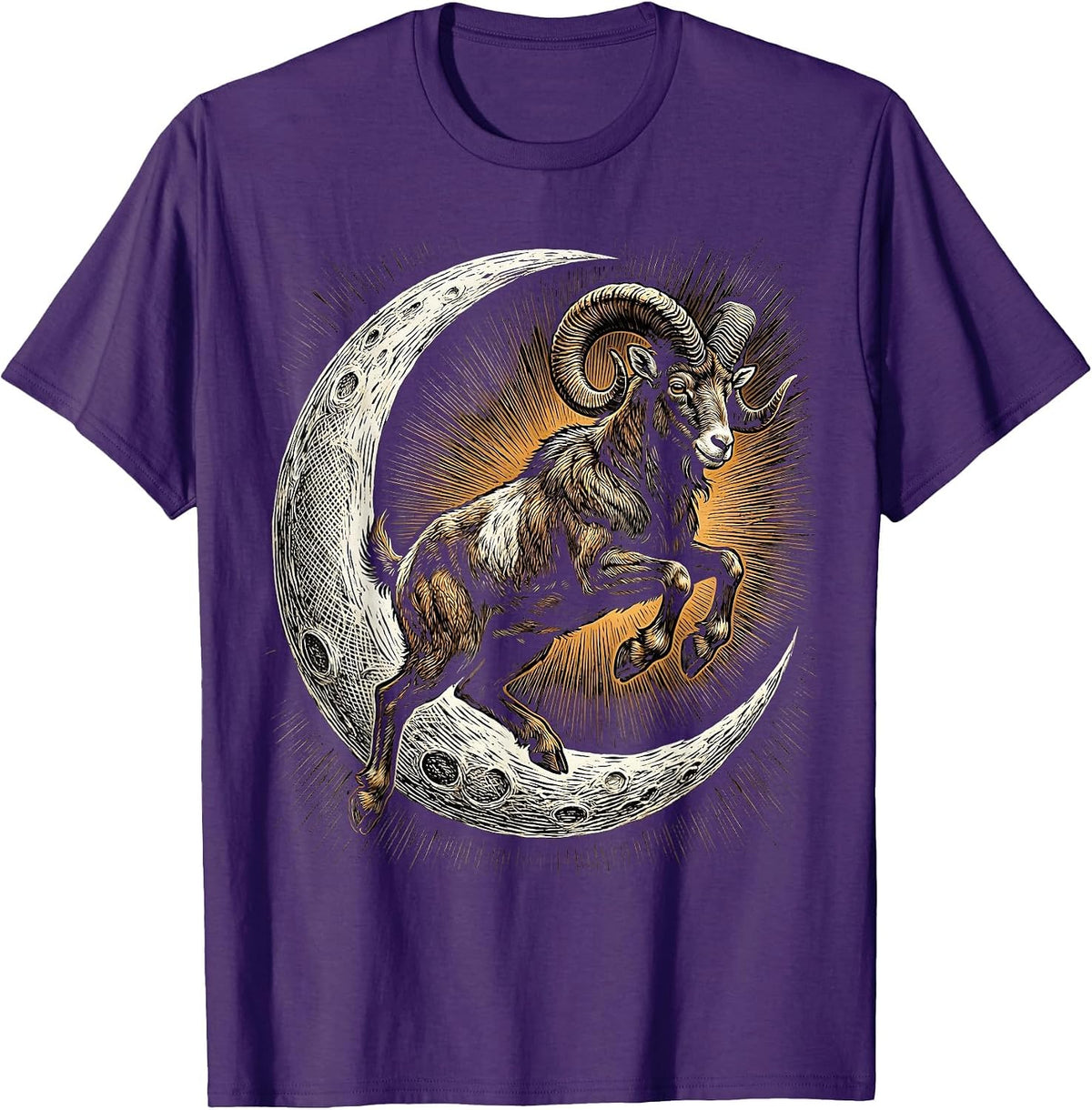 Goat Jumping Over Crescent Moon Illustration T-Shirt - Purple